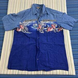 Hawaii Blues Shirt Mens Large Blue Hawaiian Surf Short Sleeve Button Front EC